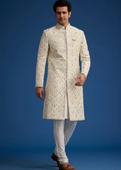 Ivory Silk Sherwani With Resham Zari And Zardosi Work