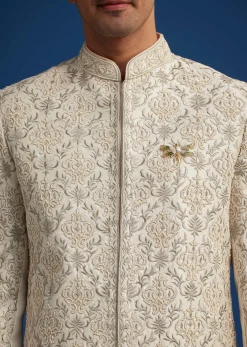 Ivory Silk Sherwani With Resham Zari And Zardosi Work