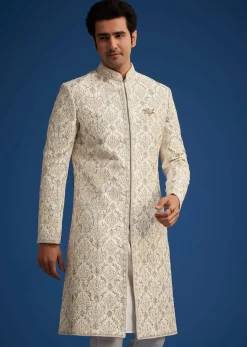 Ivory Silk Sherwani With Resham Zari And Zardosi Work