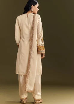 Ivory Silk Threadwork Kurta Patiala With Gotta Lace Organza Dupatta