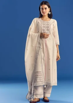 Ivory Thread Weave Mul Cotton Kurta Set With Dupatta