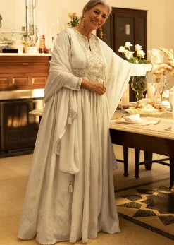 Ivory Tissue Anarkali Set With Tie-Up Back And Organza Dupatta