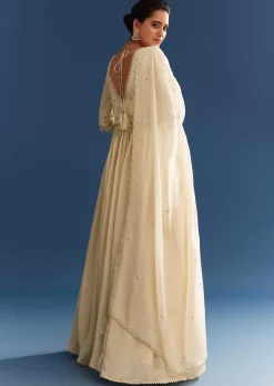Ivory Tissue Anarkali Set With Tie-Up Back And Organza Dupatta