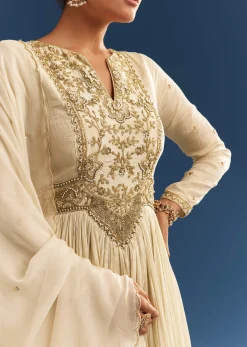 Ivory Tissue Anarkali Set With Tie-Up Back And Organza Dupatta
