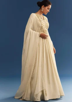 Ivory Tissue Anarkali Set With Tie-Up Back And Organza Dupatta