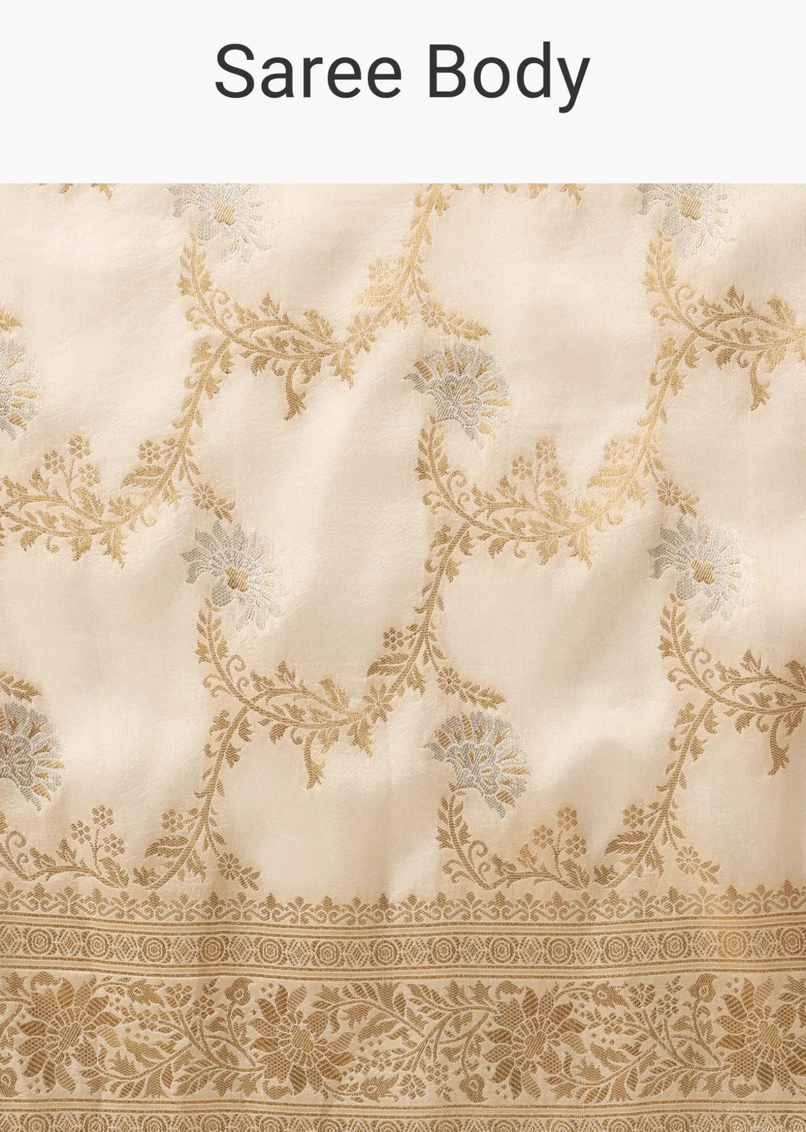 Ivory White Dola Silk Saree With Silver And Gold Jaal Embroidery In Floral Pattern
