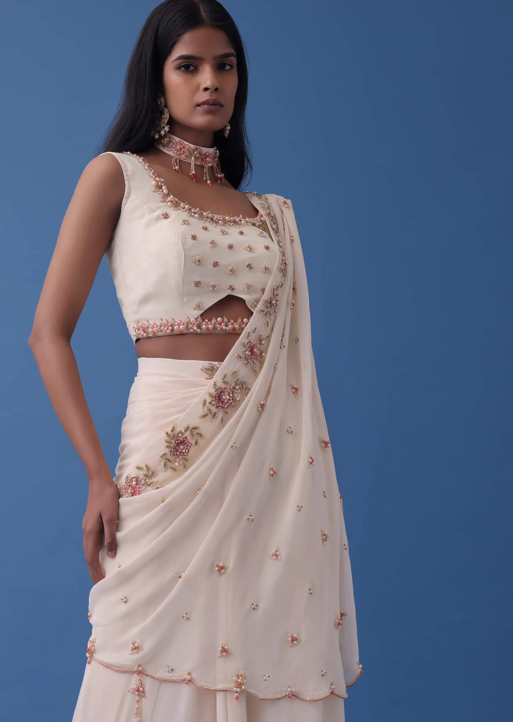 Ivory White Embroidered Indowestern Set With Pre-Draped Dupatta In Georgette