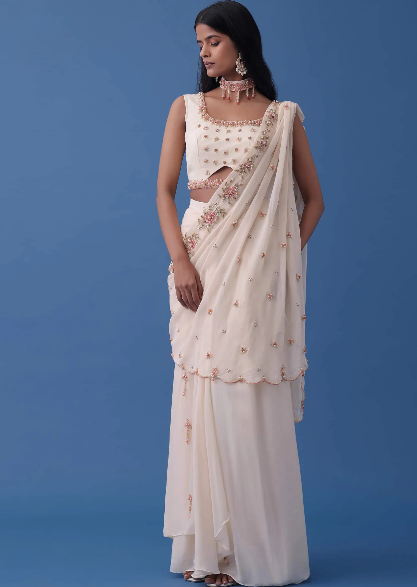 Ivory White Embroidered Indowestern Set With Pre-Draped Dupatta In Georgette