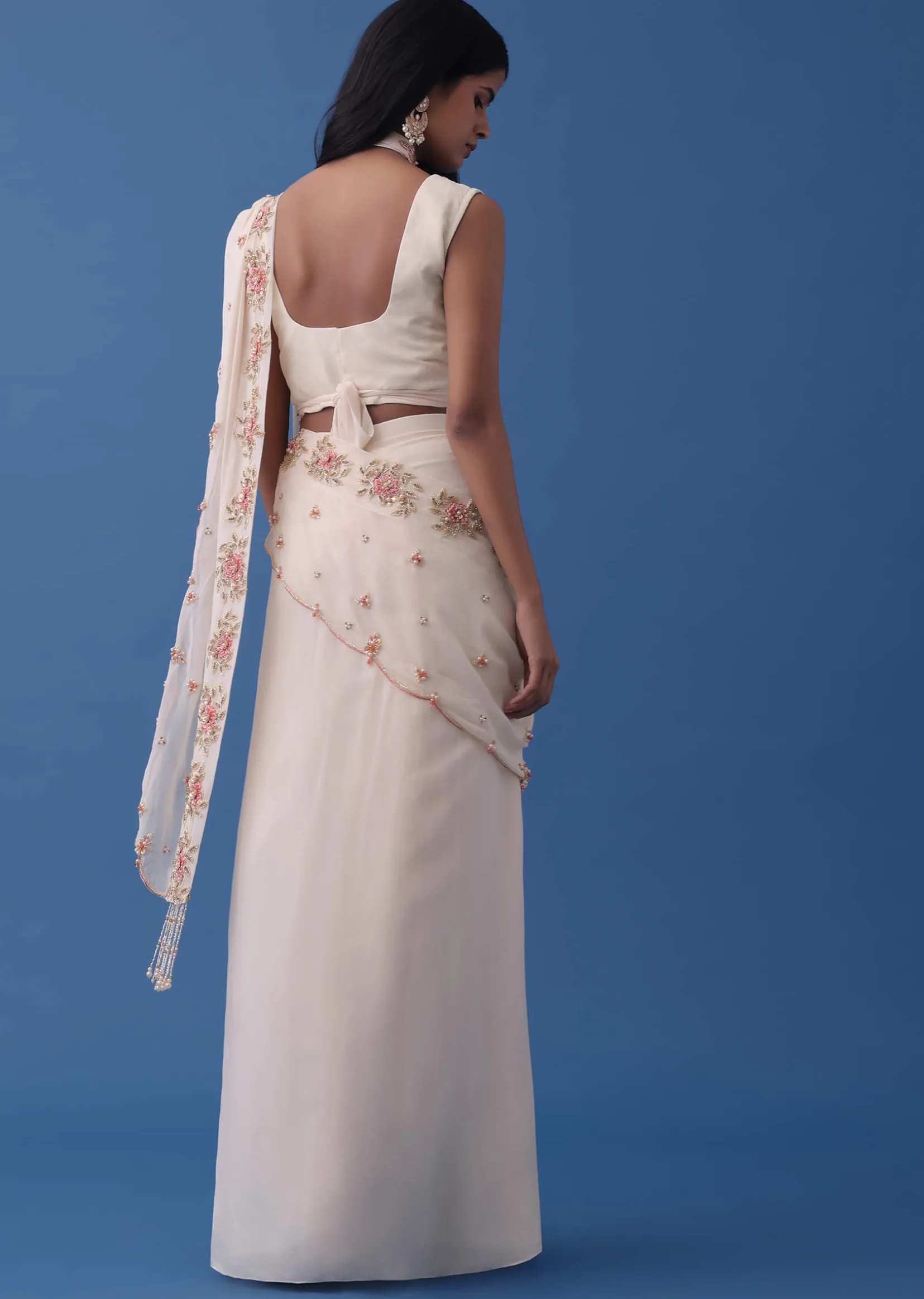 Ivory White Embroidered Indowestern Set With Pre-Draped Dupatta In Georgette