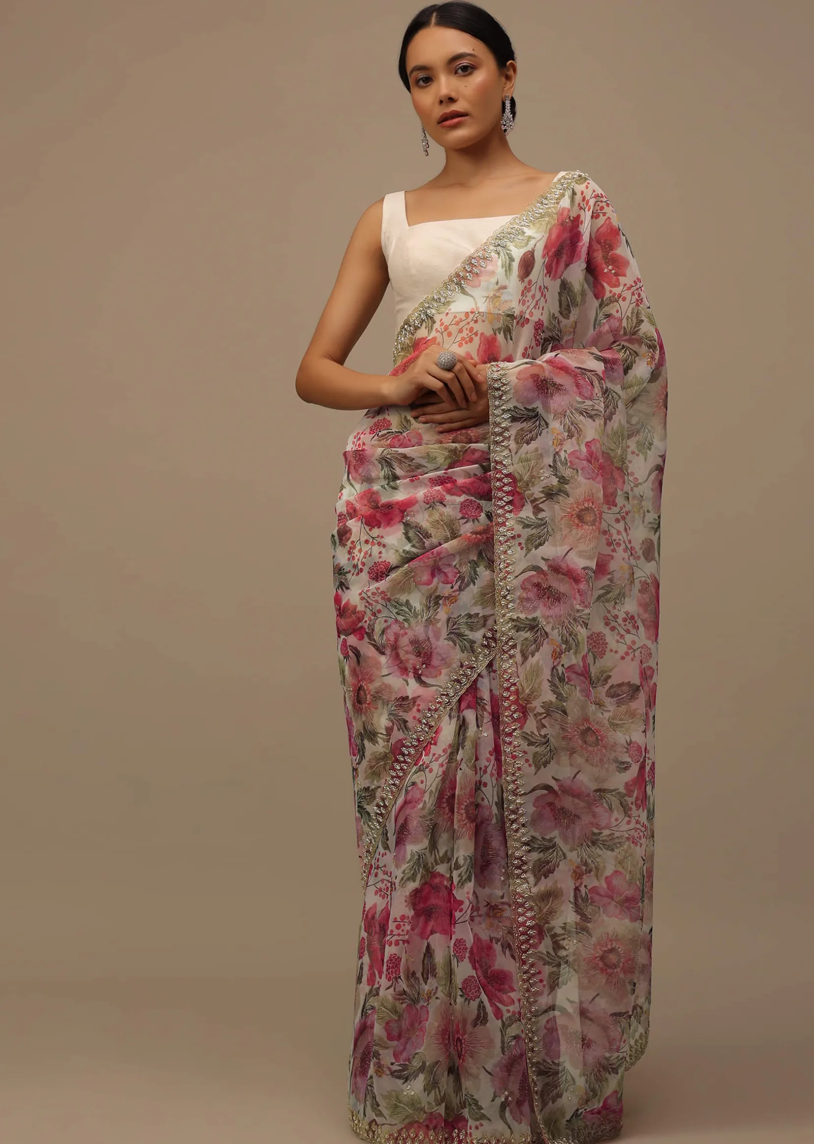 Ivory White Embroidered Organza Saree With Floral Print And Scallop Borders