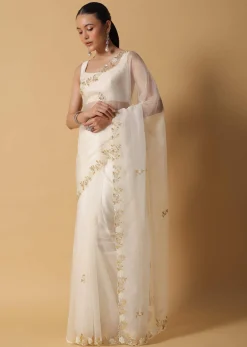 Ivory White Organza Saree With Cut Dana Embroidered Borders
