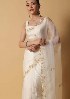Ivory White Organza Saree With Cut Dana Embroidered Borders