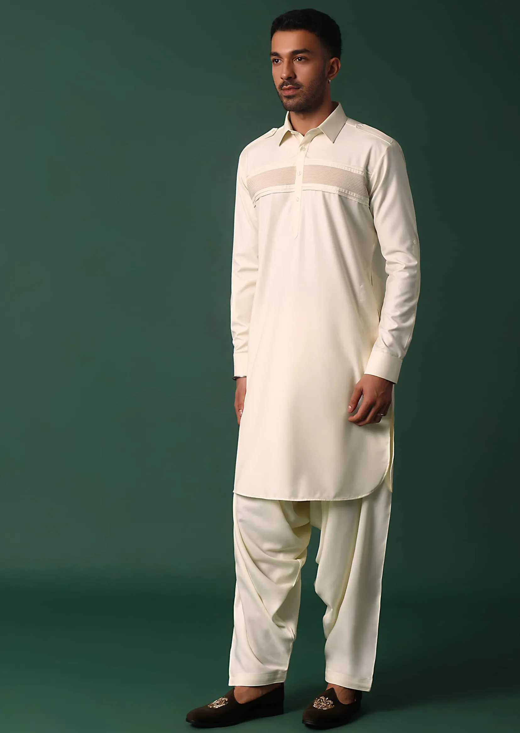 Ivory White Pathani Kurta Set WIth Pintuck Detailing