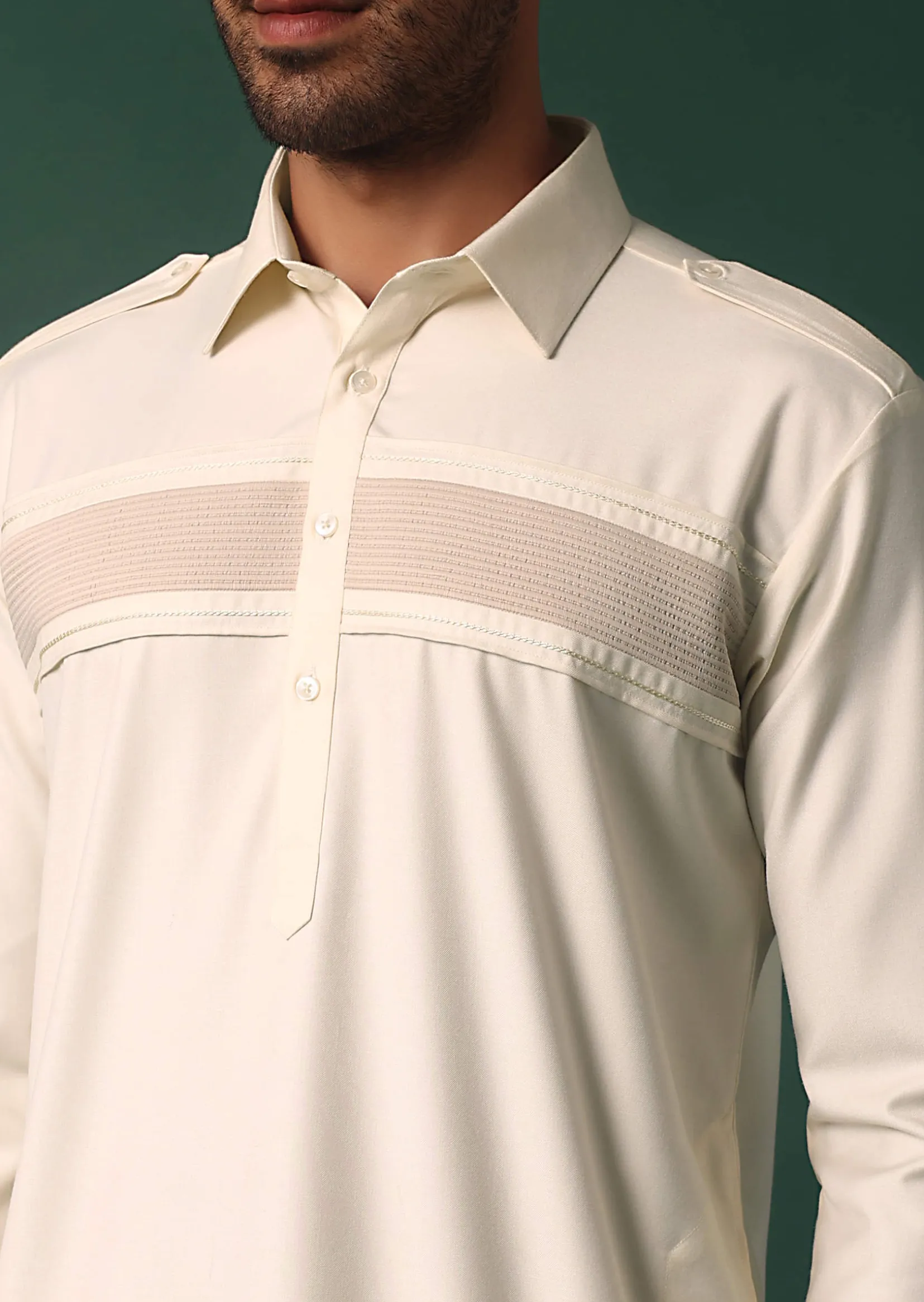 Ivory White Pathani Kurta Set WIth Pintuck Detailing