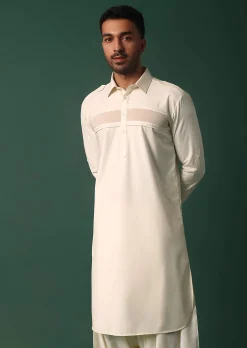 Ivory White Pathani Kurta Set WIth Pintuck Detailing
