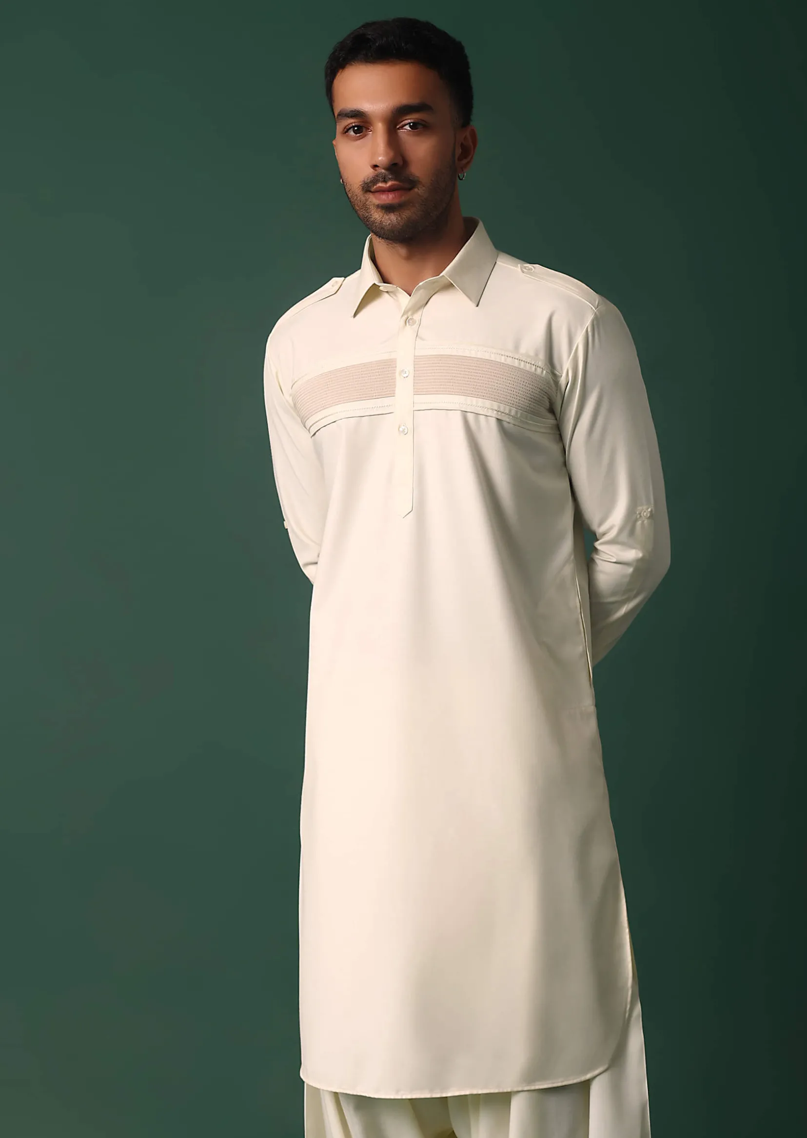 Ivory White Pathani Kurta Set WIth Pintuck Detailing