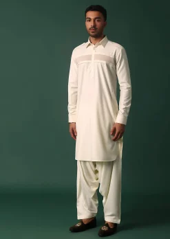 Ivory White Pathani Kurta Set WIth Pintuck Detailing