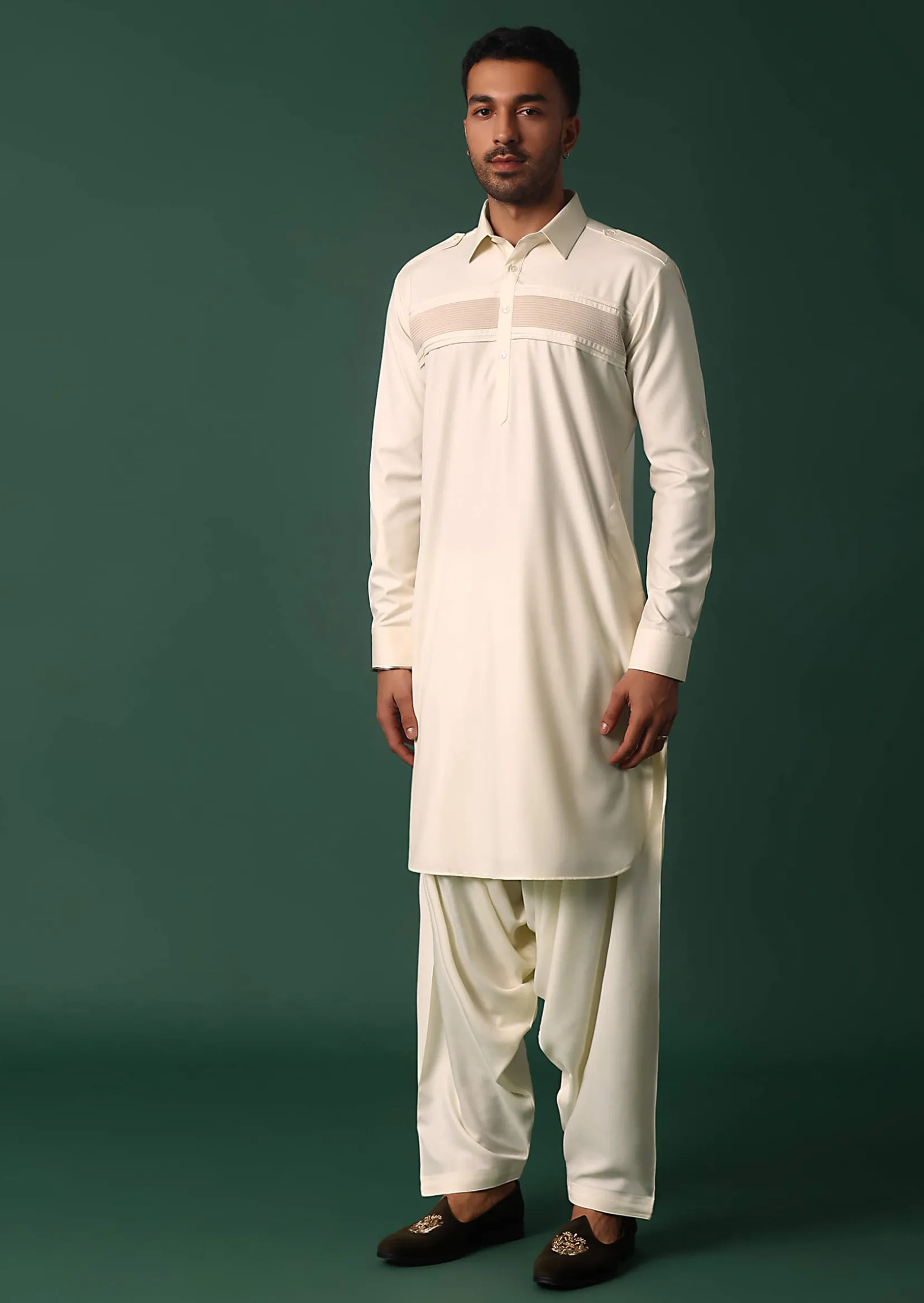 Ivory White Pathani Kurta Set WIth Pintuck Detailing