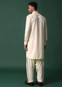 Ivory White Pathani Kurta Set WIth Pintuck Detailing