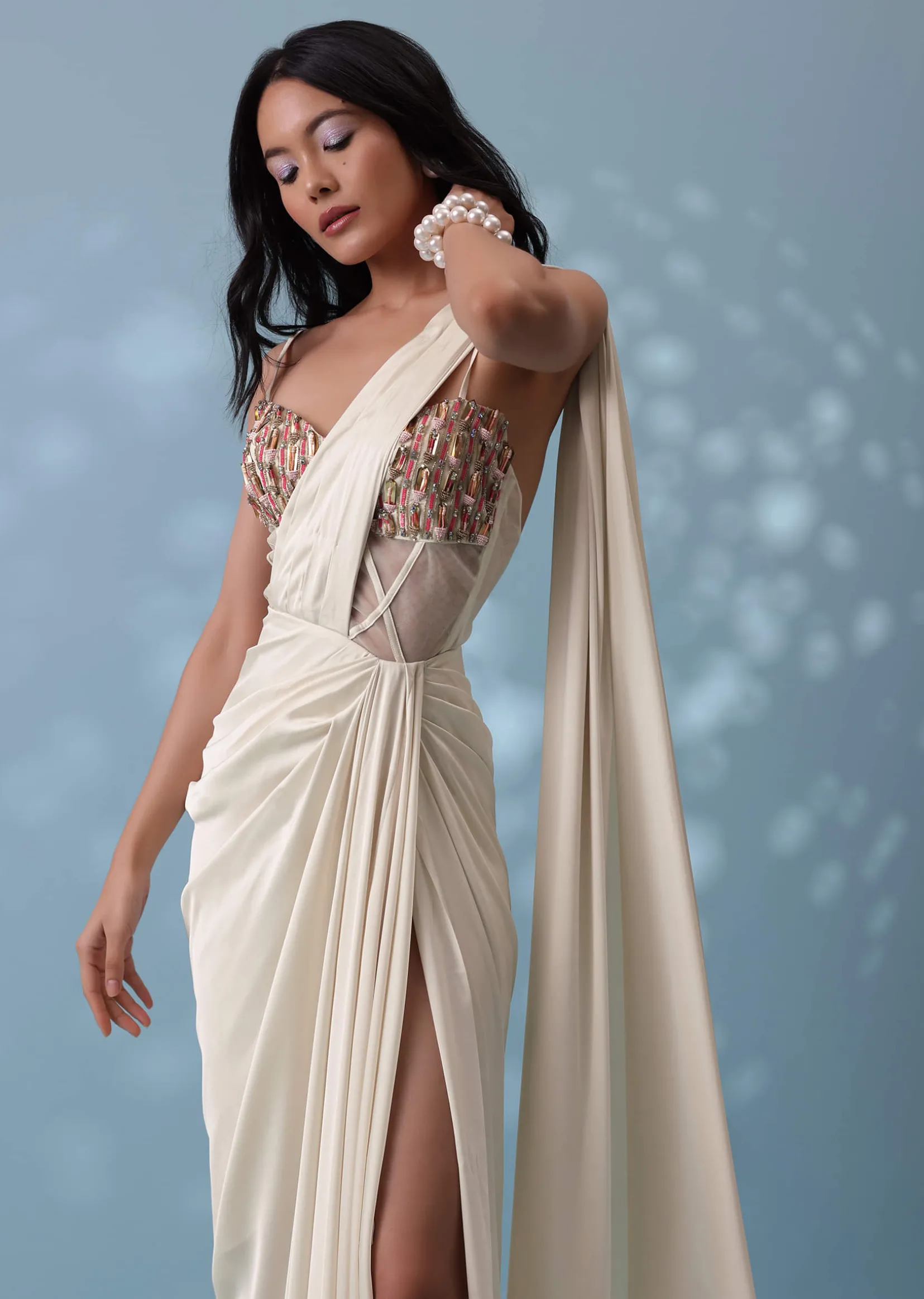 Ivory White Ready-To-Wear Embroidered Drape Saree Gown In Satin