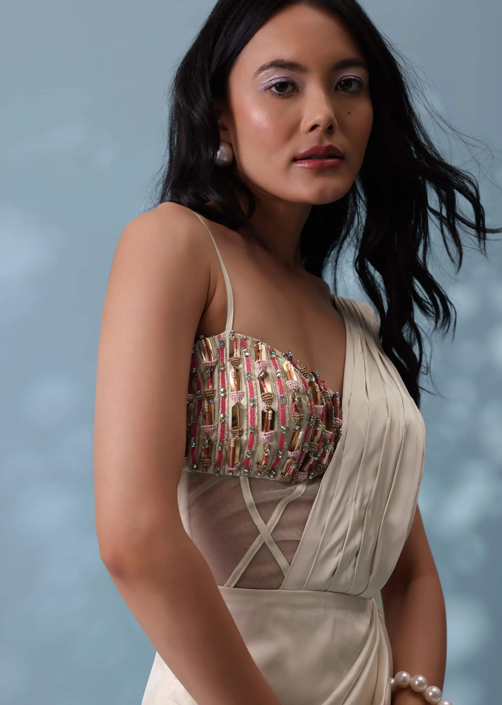 Ivory White Ready-To-Wear Embroidered Drape Saree Gown In Satin