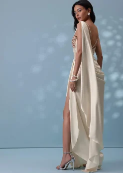 Ivory White Ready-To-Wear Embroidered Drape Saree Gown In Satin