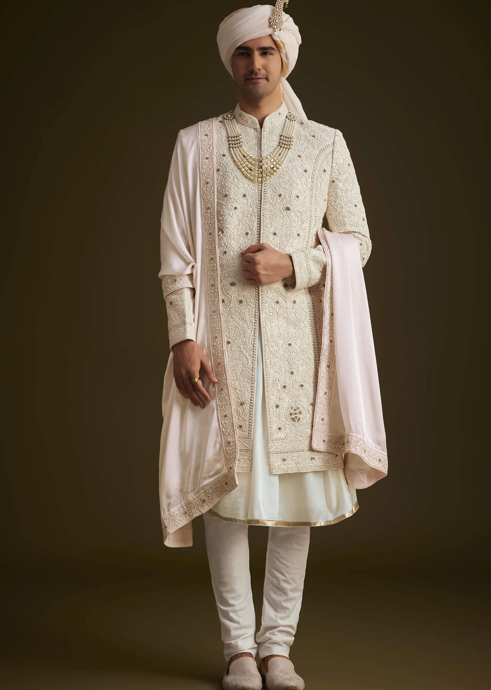 Ivory Zardozi Embroidered Sherwani With Matching Dupatta