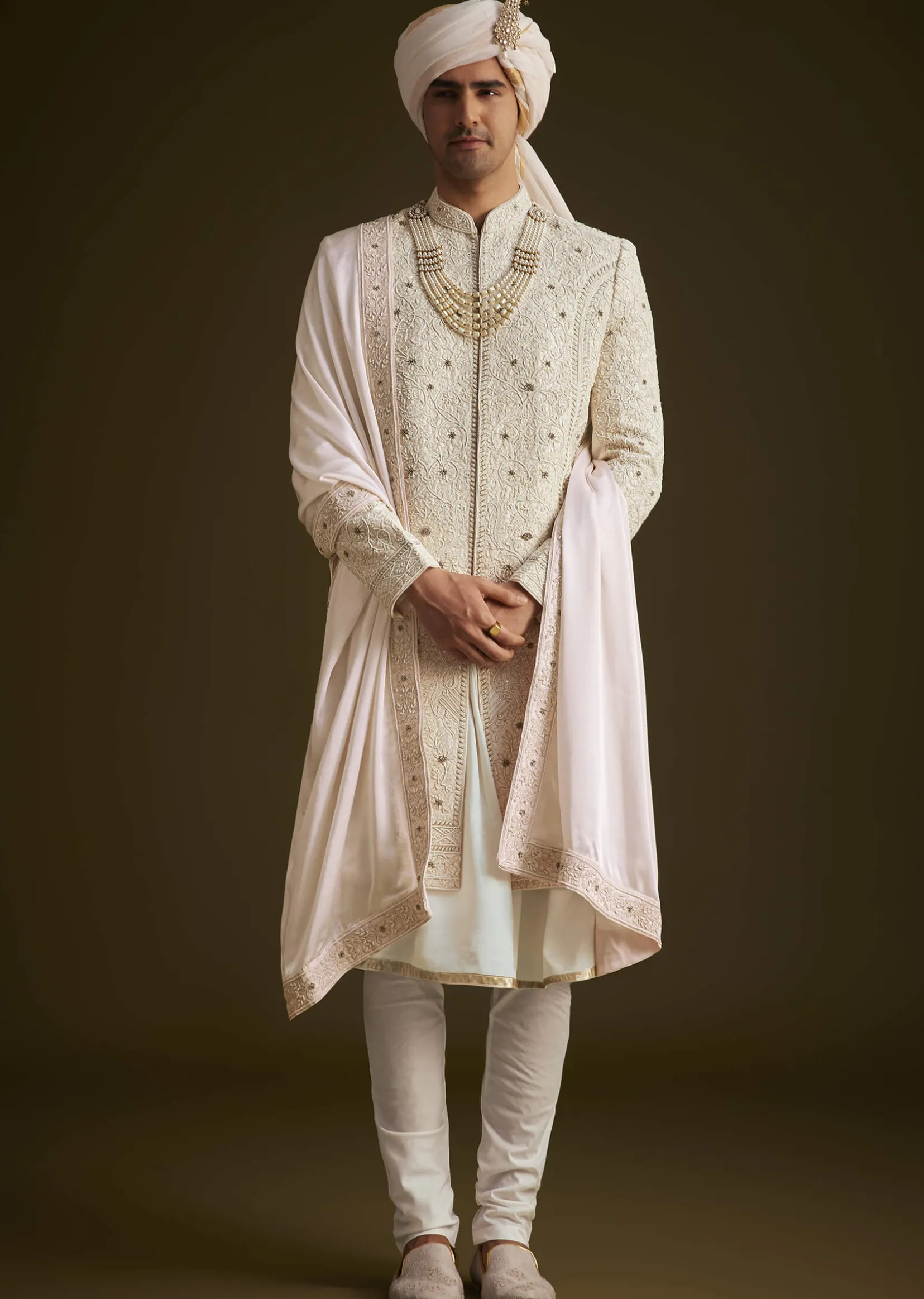 Ivory Zardozi Embroidered Sherwani With Matching Dupatta
