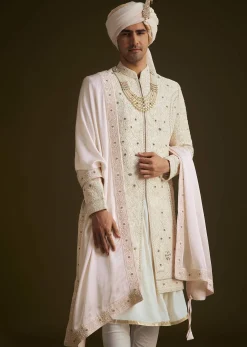 Ivory Zardozi Embroidered Sherwani With Matching Dupatta