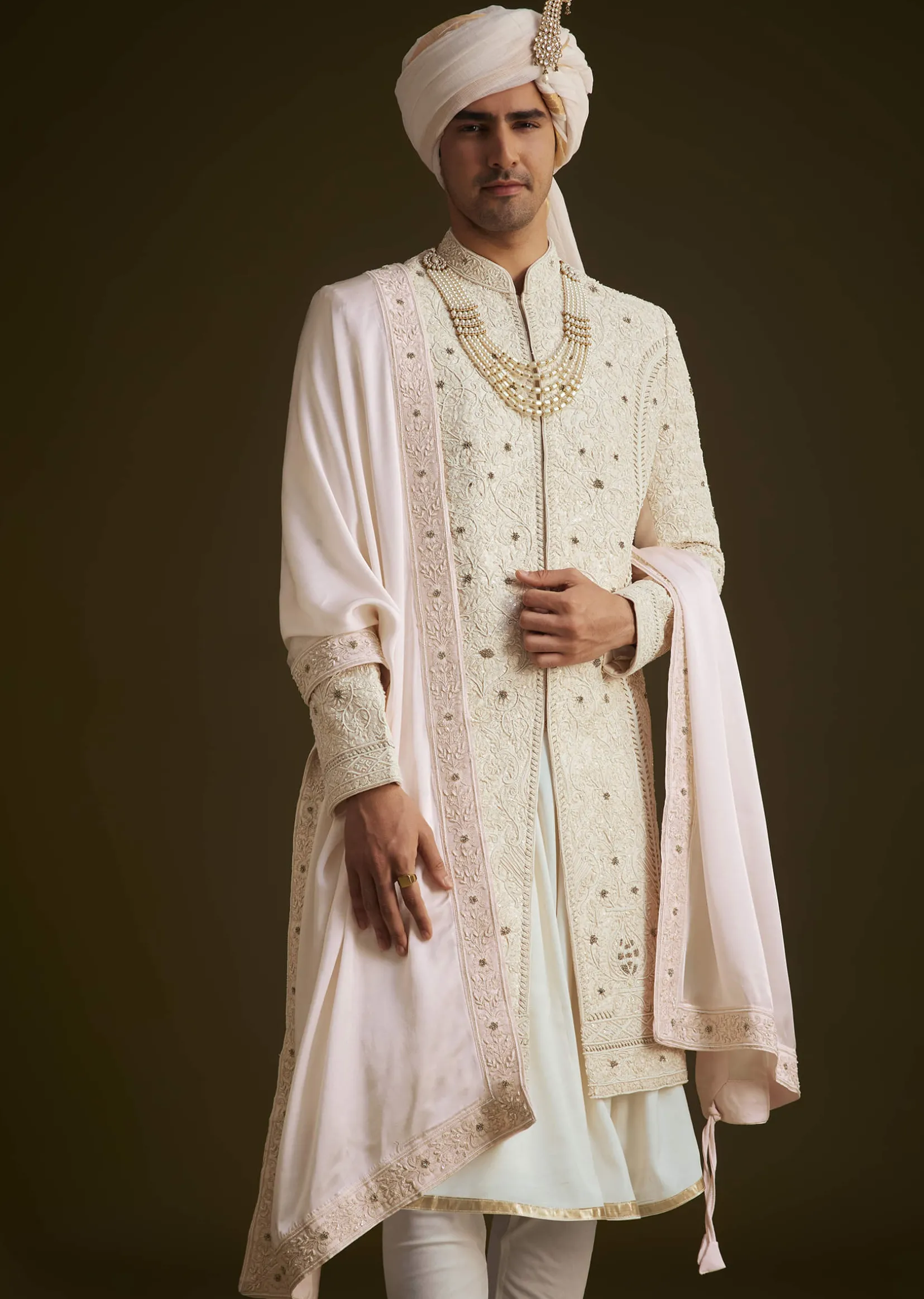 Ivory Zardozi Embroidered Sherwani With Matching Dupatta
