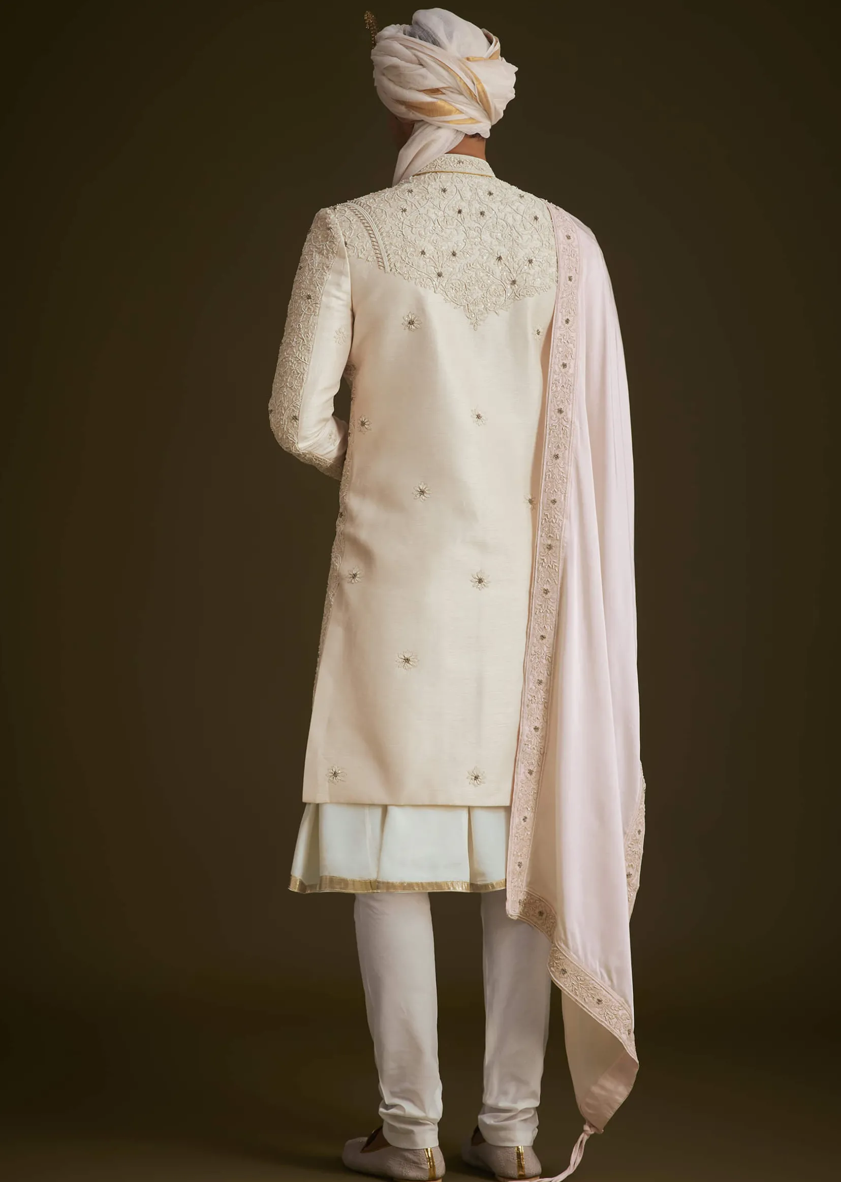 Ivory Zardozi Embroidered Sherwani With Matching Dupatta
