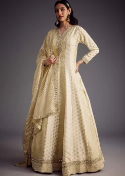 Ivory Zari Embroidered Anarkali With Dupatta