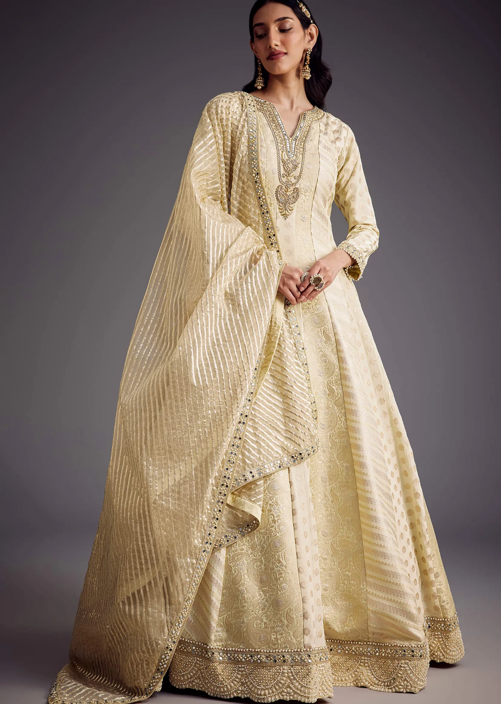Ivory Zari Embroidered Anarkali With Dupatta