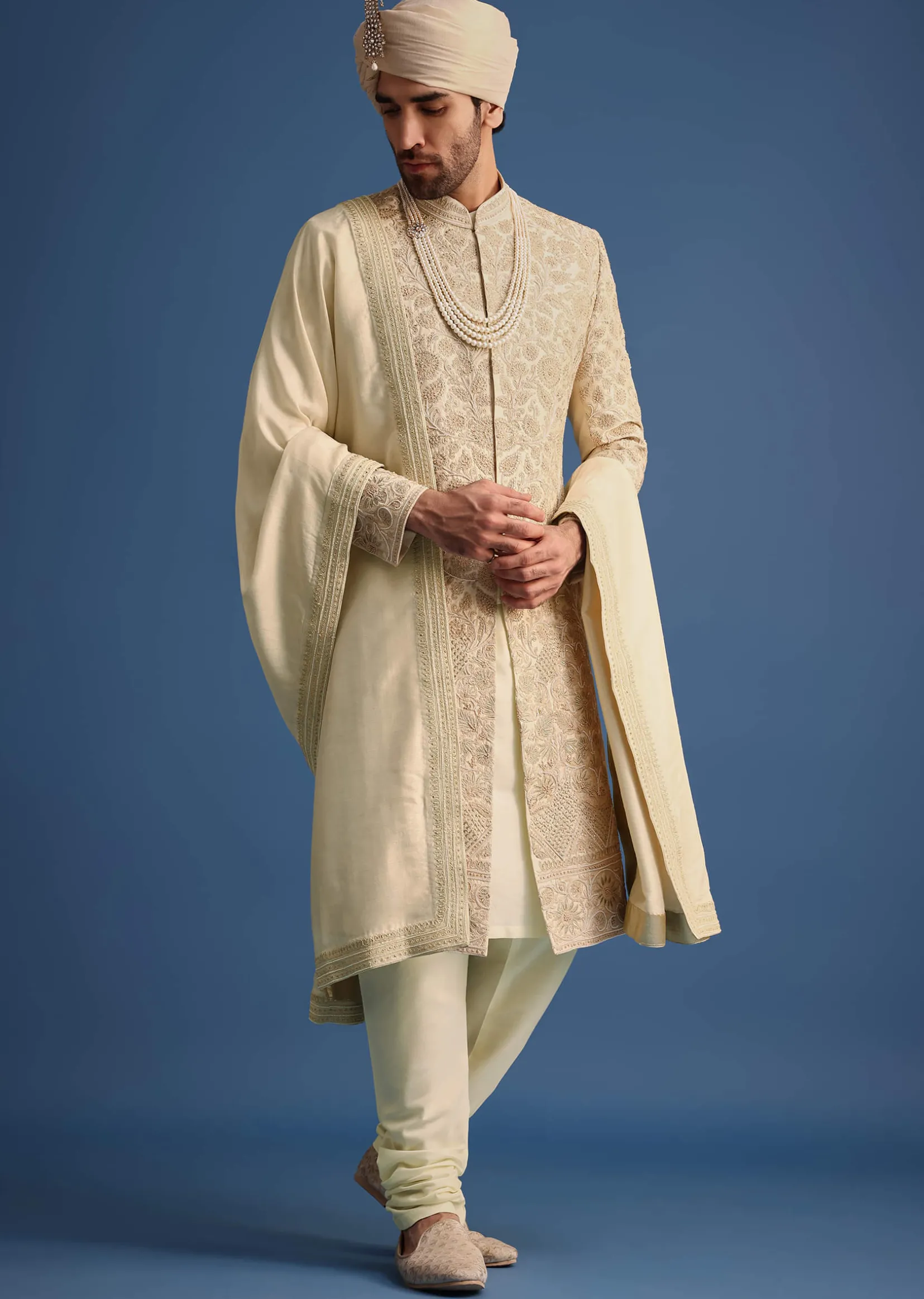 Ivory Zari Embroidered Sherwani Suit