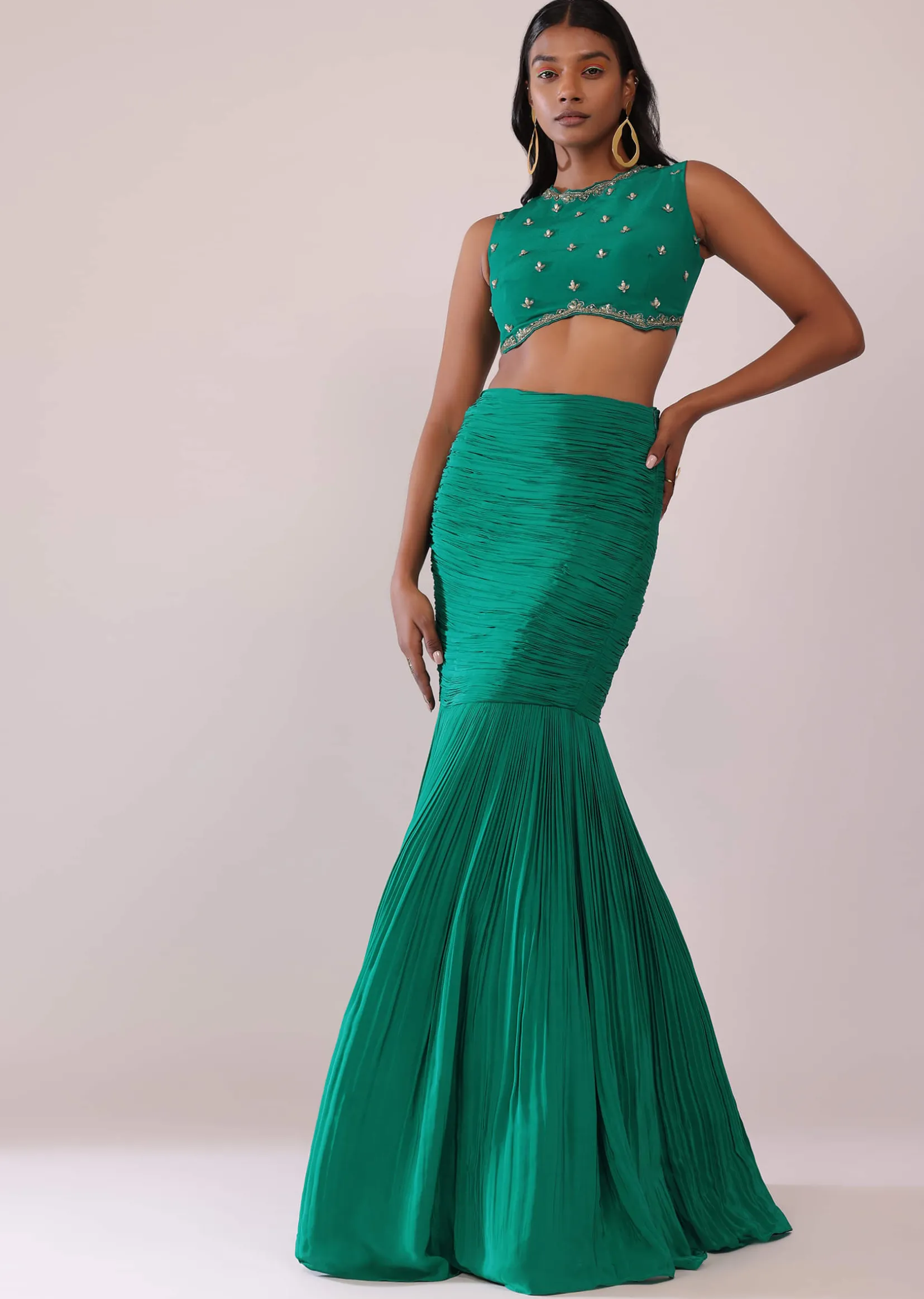 Jade Green Fish-Cut Skirt And Embroidered Blouse Set In Crepe