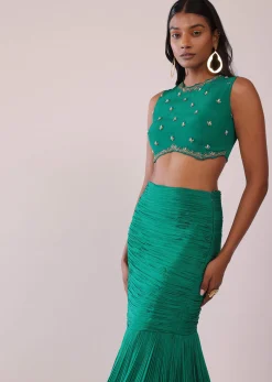 Jade Green Fish-Cut Skirt And Embroidered Blouse Set In Crepe