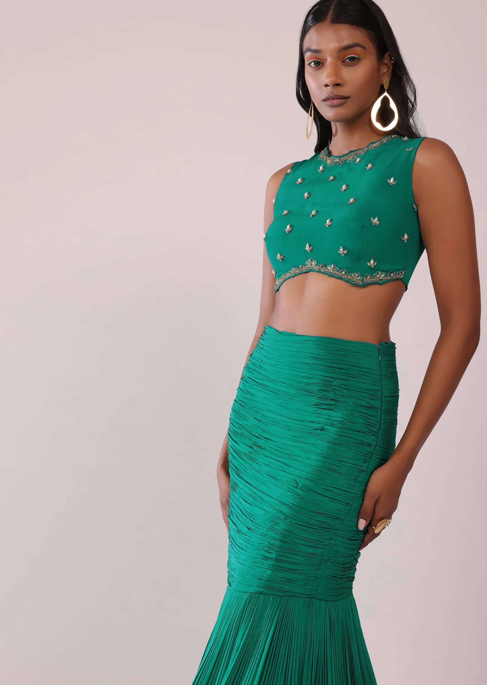 Jade Green Fish-Cut Skirt And Embroidered Blouse Set In Crepe