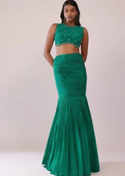 Jade Green Fish-Cut Skirt And Embroidered Blouse Set In Crepe