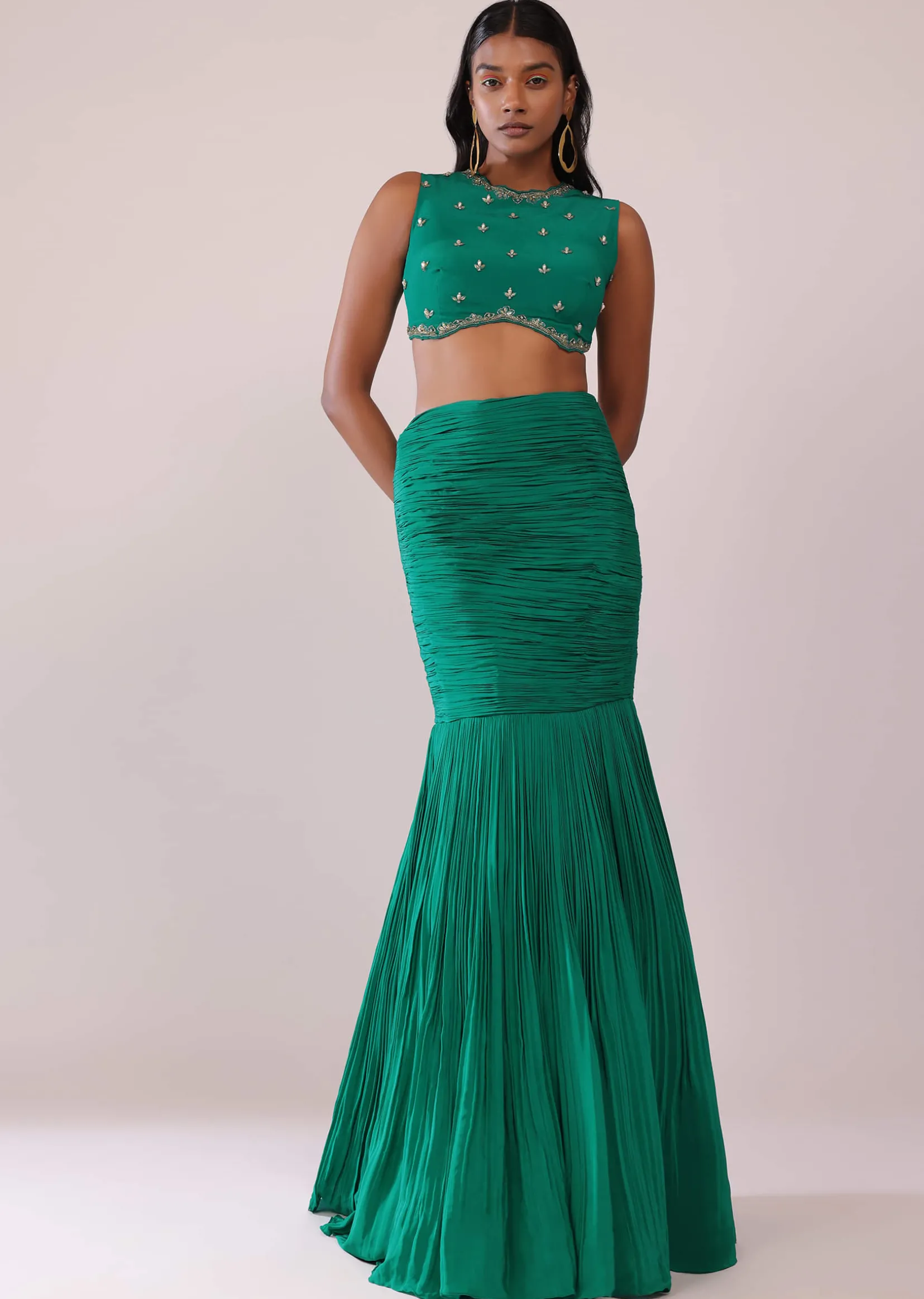 Jade Green Fish-Cut Skirt And Embroidered Blouse Set In Crepe