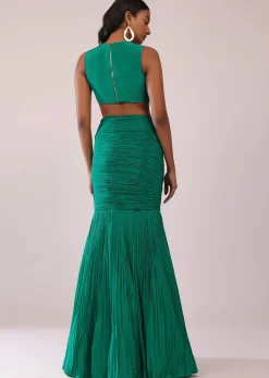 Jade Green Fish-Cut Skirt And Embroidered Blouse Set In Crepe