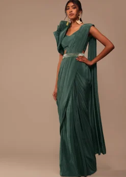 Jade Green Saree With Fancy One Side Flowered Shape Sleeve And Belt