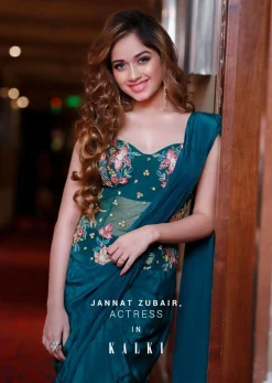 Jannat Zubair In Kalki Teal Green Ready Pleated Saree With Long Hand Embroidered Net Blouse