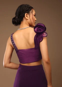 Jewel Purple Pre Stitched Saree With A 3D Flowers Crop Top In Stones And Multi-Colored Embroidery