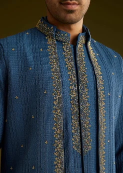 Knit Kurta Jacket Set With Moti Work In Navy Blue