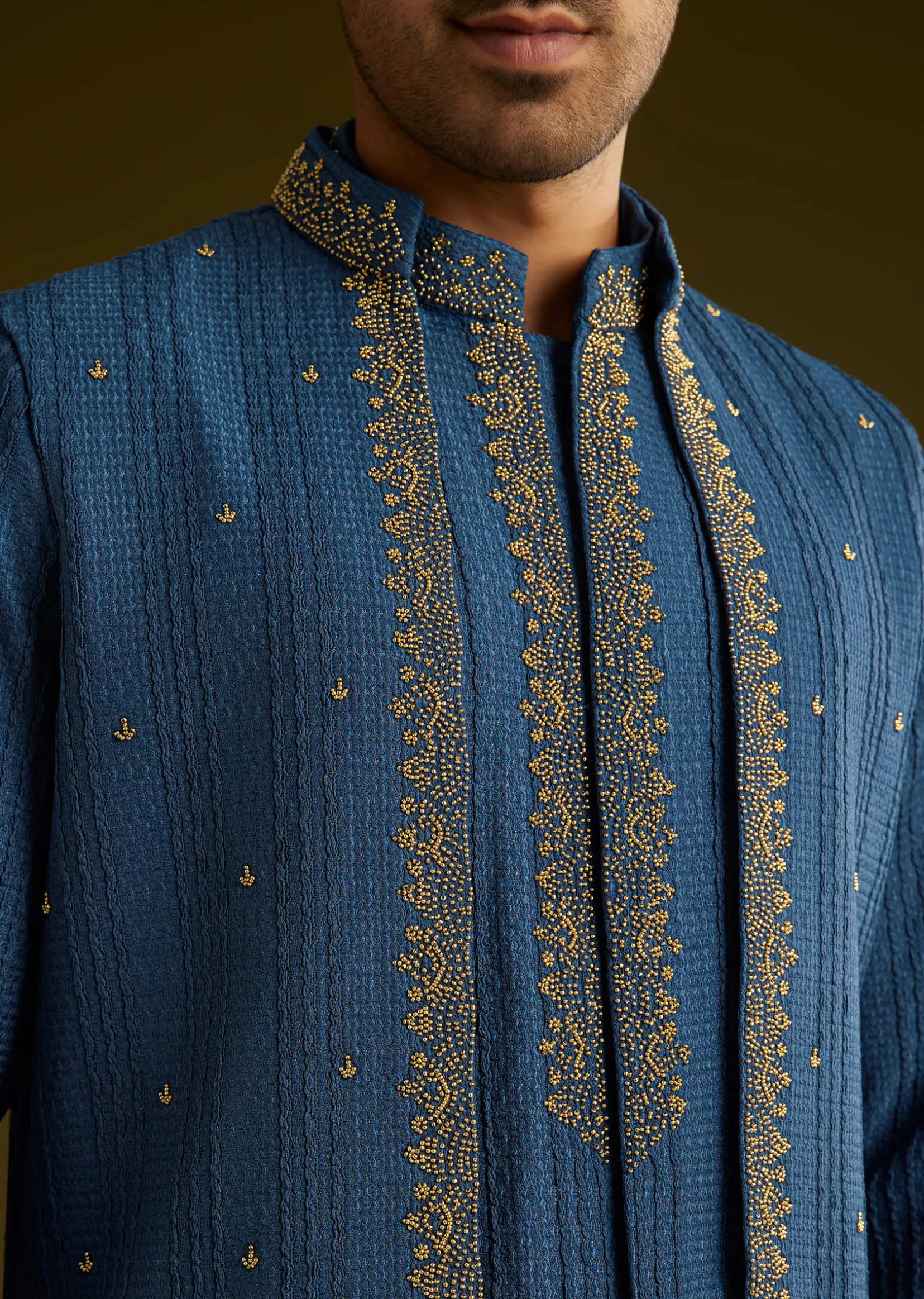 Knit Kurta Jacket Set With Moti Work In Navy Blue