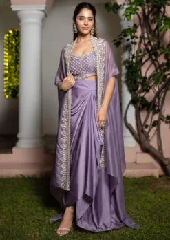 Lavendar Embroidered Crop Top And Sequin Work Jacket With Draped Skirt