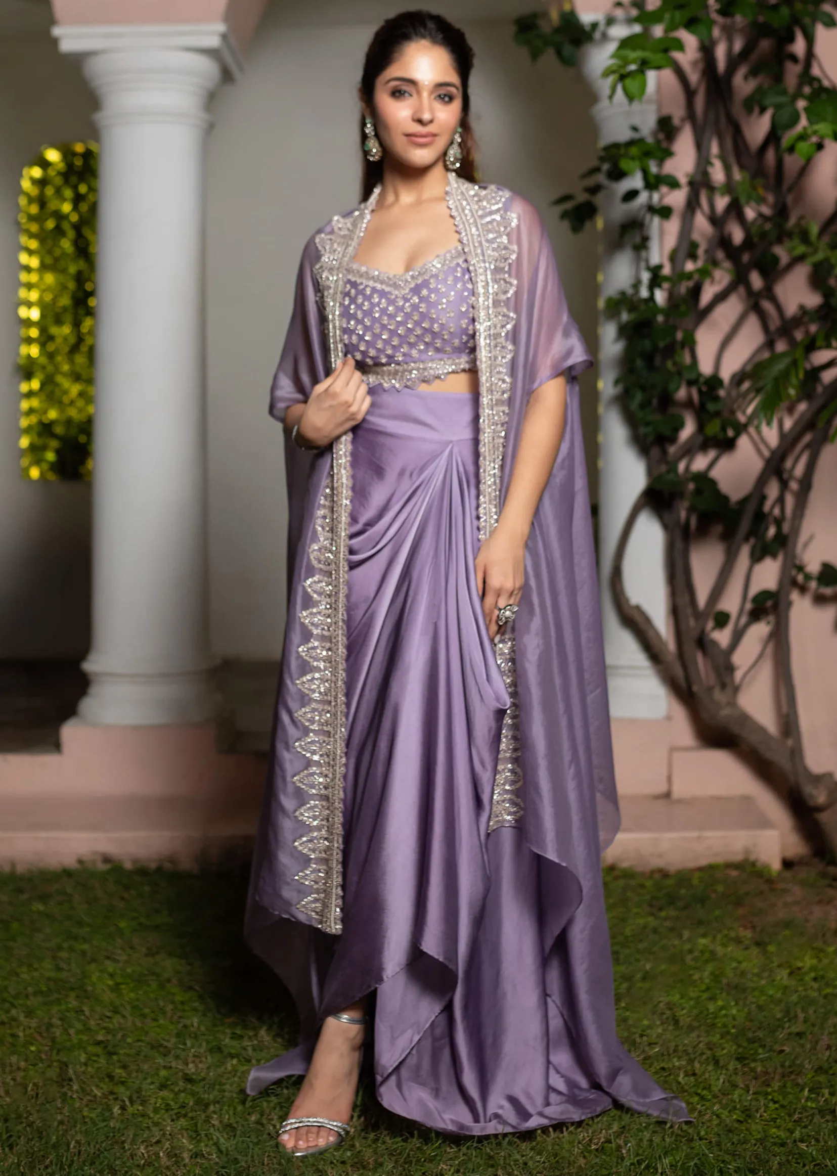 Lavendar Embroidered Crop Top And Sequin Work Jacket With Draped Skirt