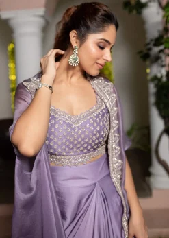 Lavendar Embroidered Crop Top And Sequin Work Jacket With Draped Skirt