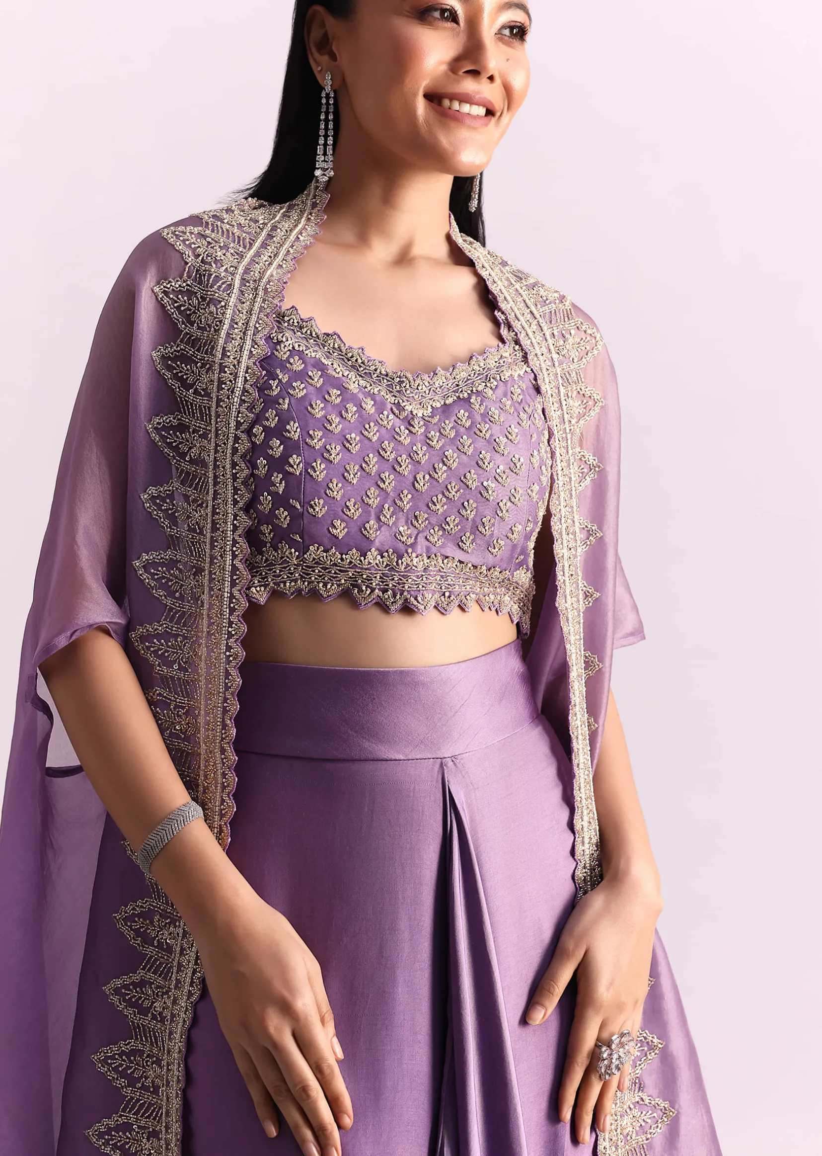 Lavendar Embroidered Crop Top And Sequin Work Jacket With Draped Skirt