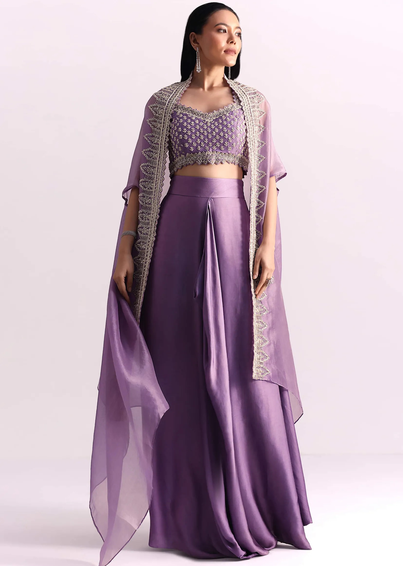 Lavendar Embroidered Crop Top And Sequin Work Jacket With Draped Skirt
